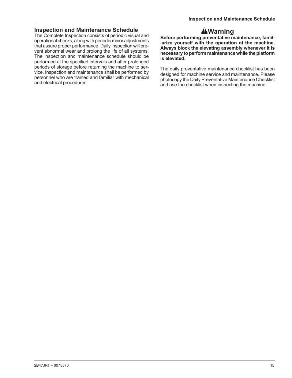 Inspection and maintenance schedule, Warning | Snorkel SB47JRT-sn10000+ User Manual | Page 17 / 24