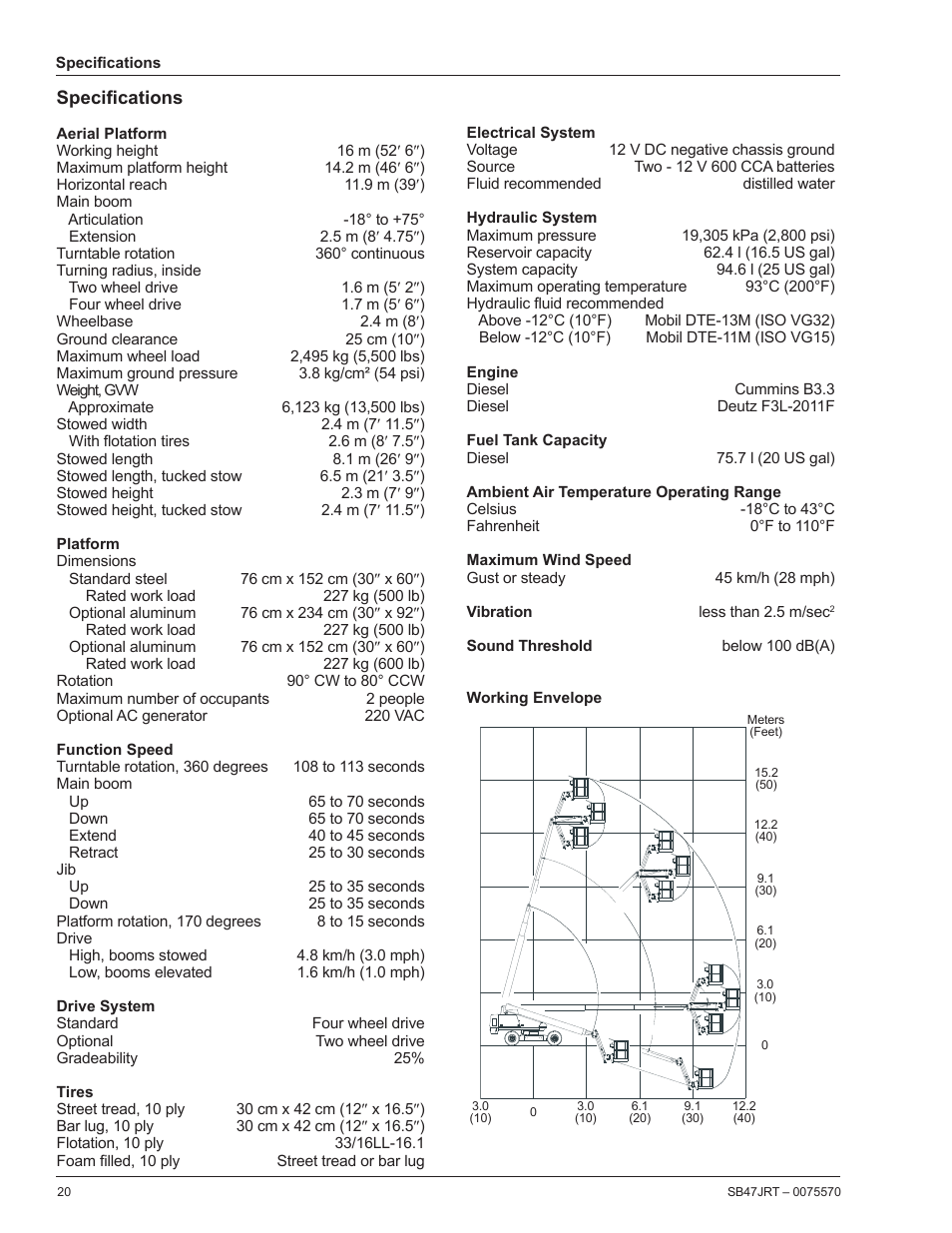 Specifications, Aerial platform, Platform | Function speed, Drive system, Tires, Electrical system, Hydraulic system, Engine, Fuel tank capacity | Snorkel SB47JRT-sn10000+ User Manual | Page 22 / 24