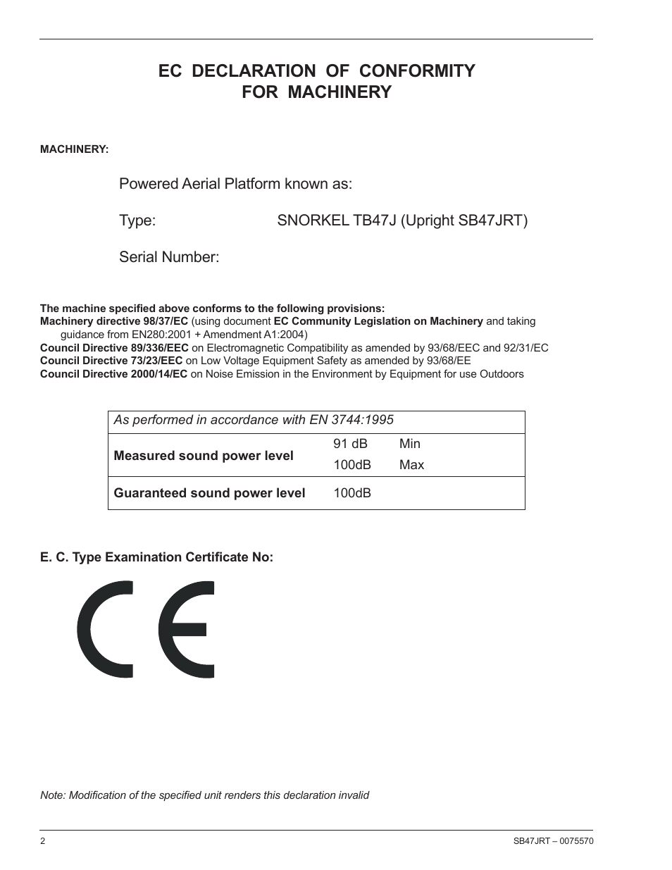 Ec declaration of conformity for machinery | Snorkel SB47JRT-sn10000+ User Manual | Page 4 / 24