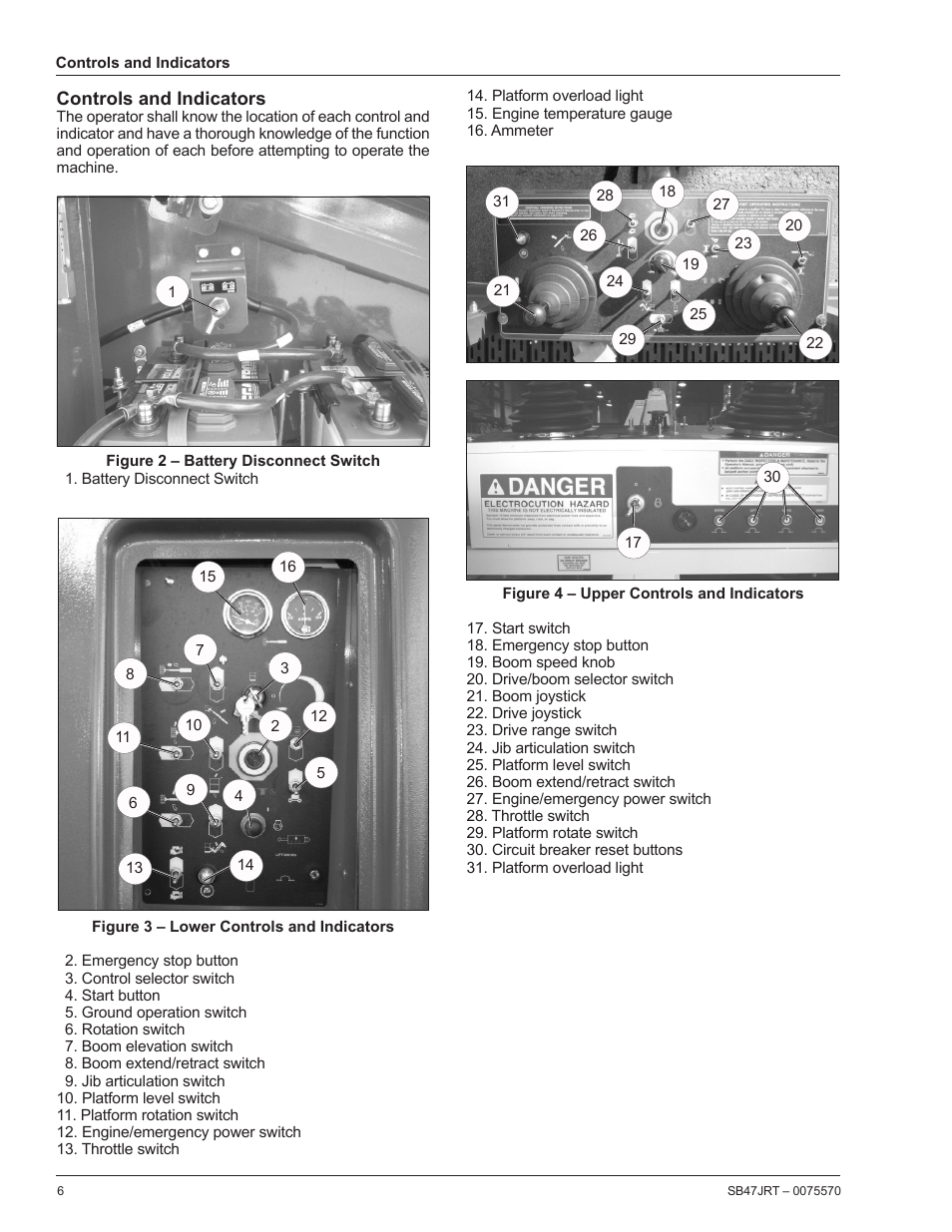 Controls and indicators, Figure 2 – battery disconnect switch, Figure 3 – lower controls and indicators | Figure 4 – upper controls and indicators | Snorkel SB47JRT-sn10000+ User Manual | Page 8 / 24