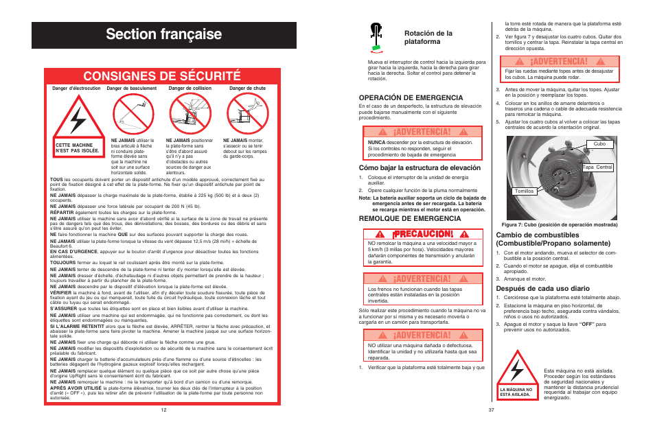 Consignes de sécurité, Rotación de la plataforma, Operación de emergencia | Cómo bajar la estructura de elevación, Remolque de emergencia, Después de cada uso diario | Snorkel SB60 User Manual | Page 12 / 24