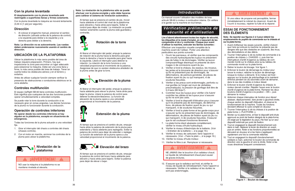 Introduction, Con la pluma levantada, Dirección | Ubicación de la plataforma, Controles multifunción, Operación de controles inferiores, Nivelación de la plataforma, Rotación de la torre, Elevación de la pluma, Extensión de la pluma | Snorkel SB60 User Manual | Page 13 / 24