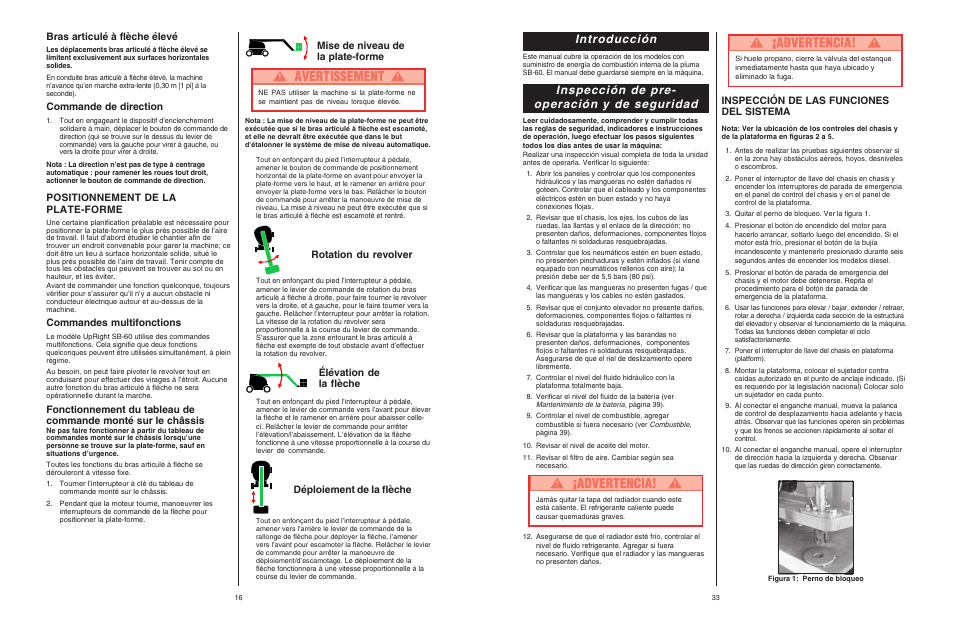 Introducción, Inspección de pre- operación y de seguridad, Bras articulé à flèche élevé | Commande de direction, Positionnement de la plate-forme, Commandes multifonctions, Mise de niveau de la plate-forme, Rotation du revolver, Élévation de la flèche, Déploiement de la flèche | Snorkel SB60 User Manual | Page 16 / 24