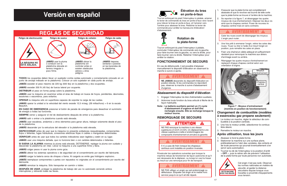 Versión en español, Reglas de seguridad, Élévation du bras en porte-à-faux | Rotation de la plate-forme, Fonctionnement de secours, Abaissement du dispositif d'élévation, Remorquage de secours, Après utilisation, tous les jours | Snorkel SB60 User Manual | Page 17 / 24
