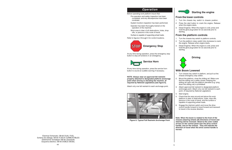 Operation, Starting the engine from the lower controls, Driving with boom lowered | Emergency stop, Service horn | Snorkel SB60 User Manual | Page 5 / 24