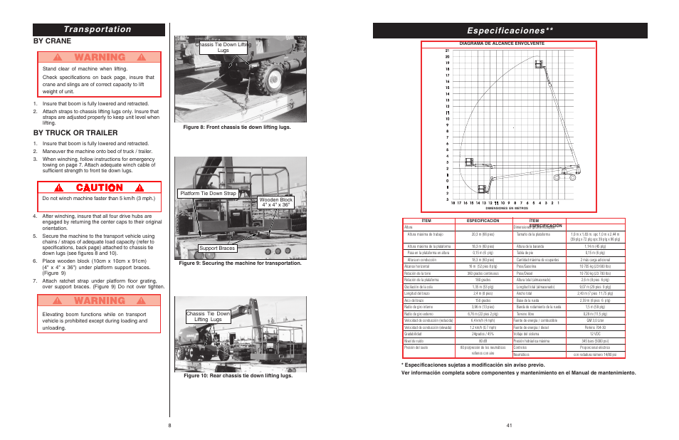 Transportation, Especificaciones, By crane | By truck or trailer | Snorkel SB60 User Manual | Page 8 / 24