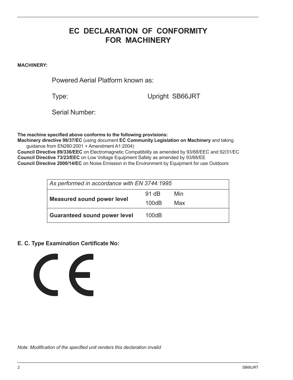 Ec declaration of conformity for machinery | Snorkel SB66JRT-sn1000-10031 User Manual | Page 4 / 24