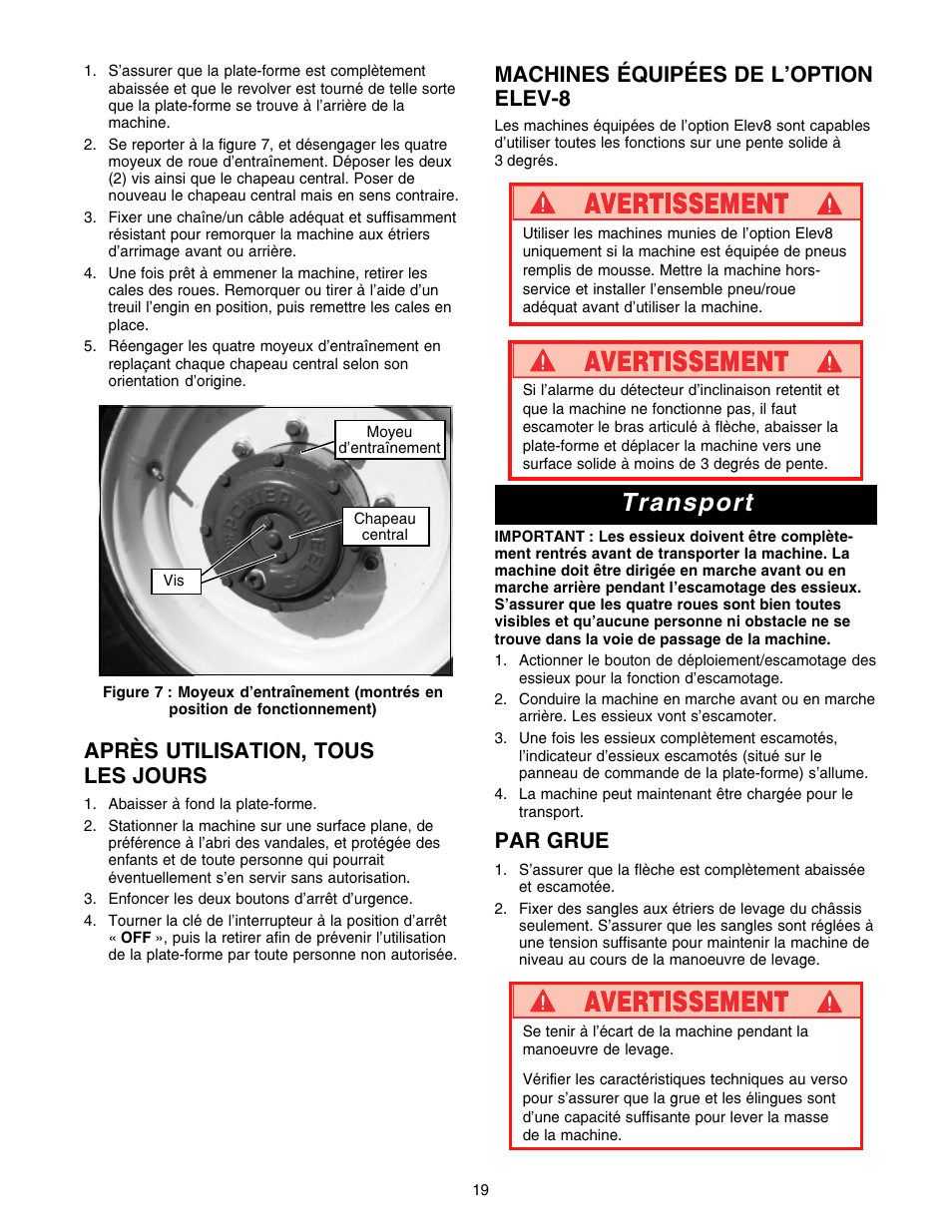 Transport, Après utilisation, tous les jours, Par grue | Machines équipées de loption elev-8 | Snorkel SB80 User Manual | Page 19 / 50