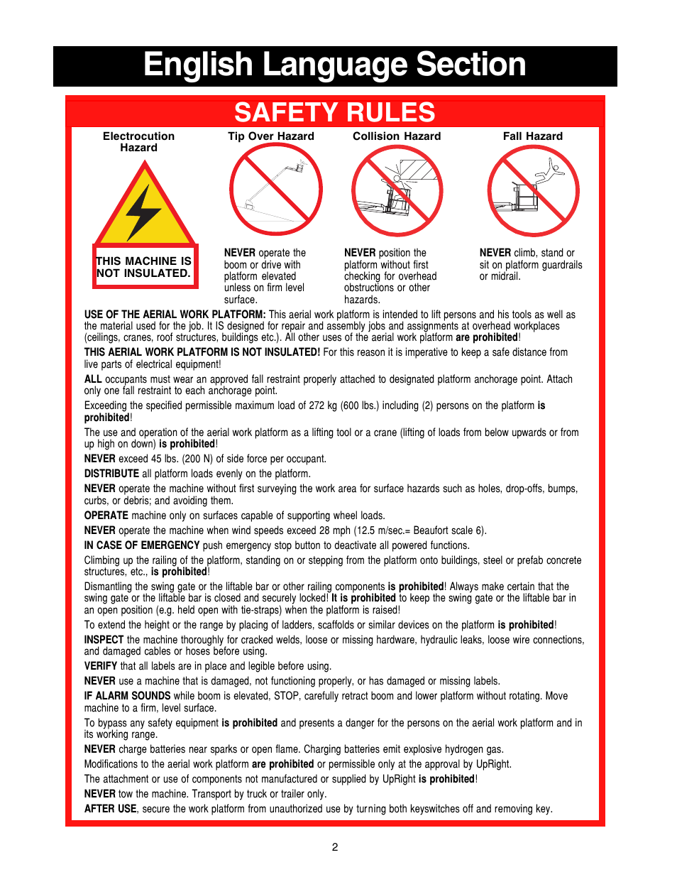 Safety rules | Snorkel SB80 User Manual | Page 2 / 50