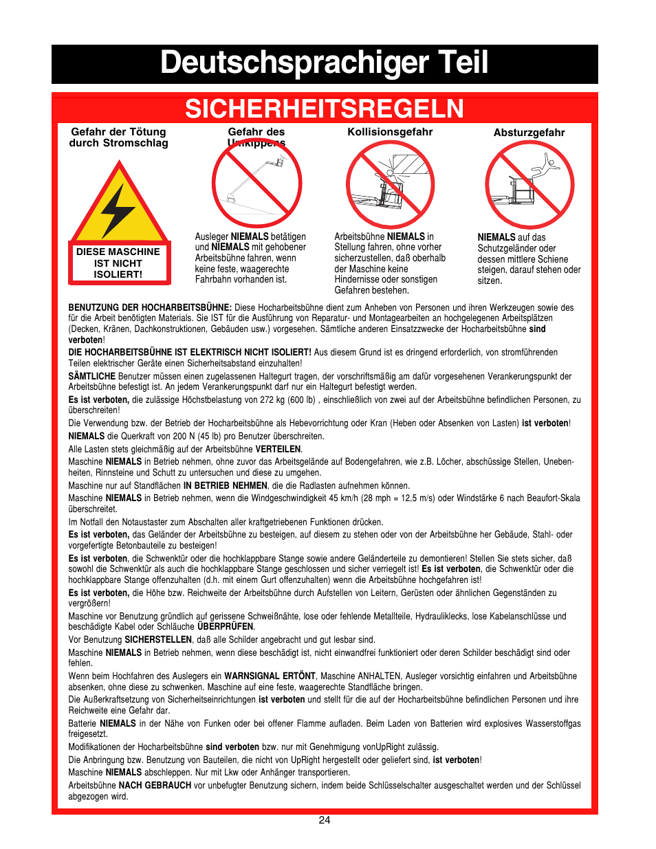 Deutschsprachiger teil, Sicherheitsregeln | Snorkel SB80 User Manual | Page 24 / 50