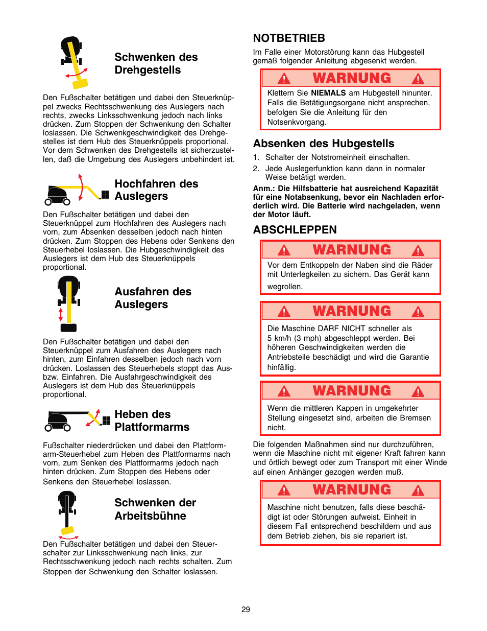 Schwenken des drehgestells, Hochfahren des auslegers, Ausfahren des auslegers | Heben des plattformarms, Schwenken der arbeitsbühne, Notbetrieb, Absenken des hubgestells, Abschleppen | Snorkel SB80 User Manual | Page 29 / 50