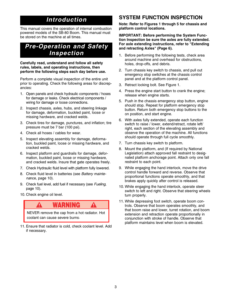 Introduction, Pre-operation and safety inspection, System function inspection | Snorkel SB80 User Manual | Page 3 / 50