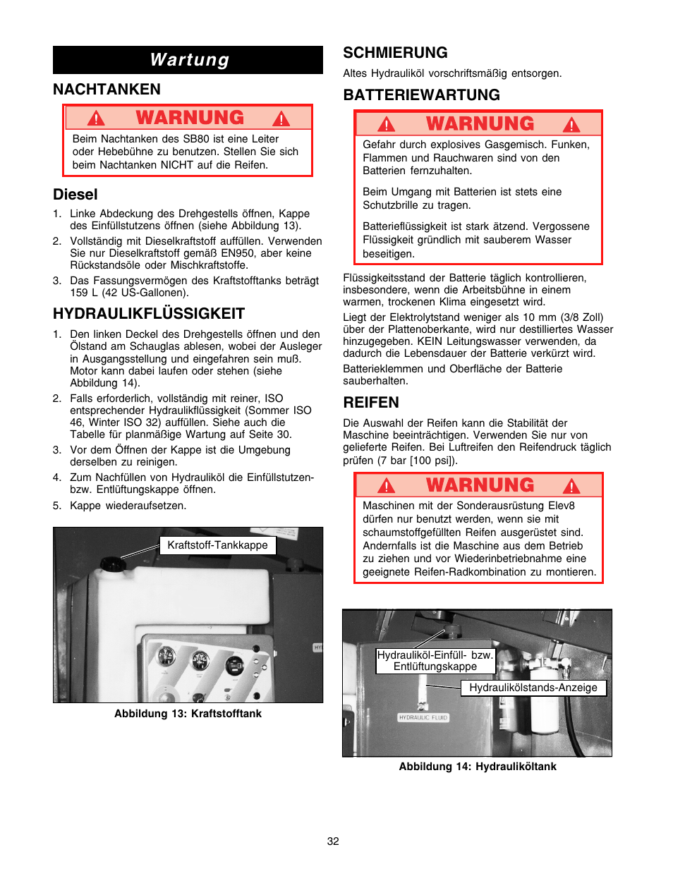 Wartung, Schmierung, Batteriewartung | Reifen, Nachtanken, Diesel, Hydraulikflüssigkeit | Snorkel SB80 User Manual | Page 32 / 50