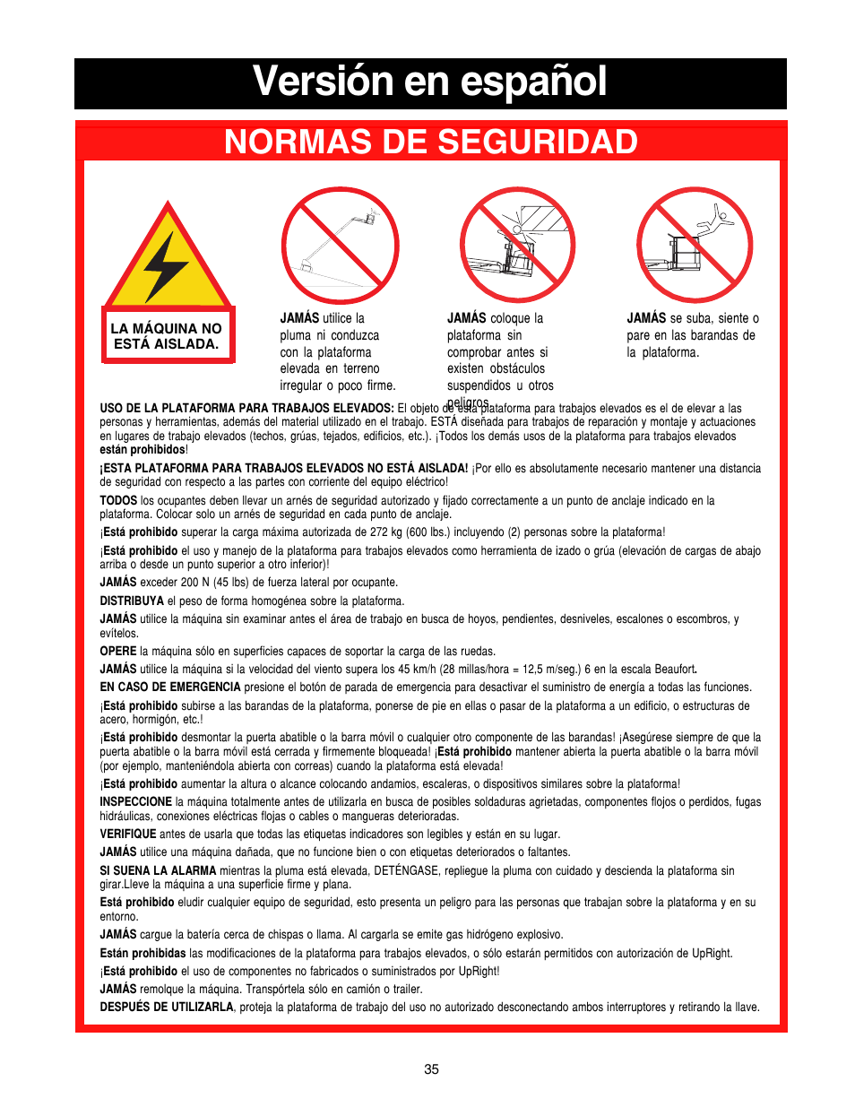 Versión en español, Normas de seguridad | Snorkel SB80 User Manual | Page 35 / 50