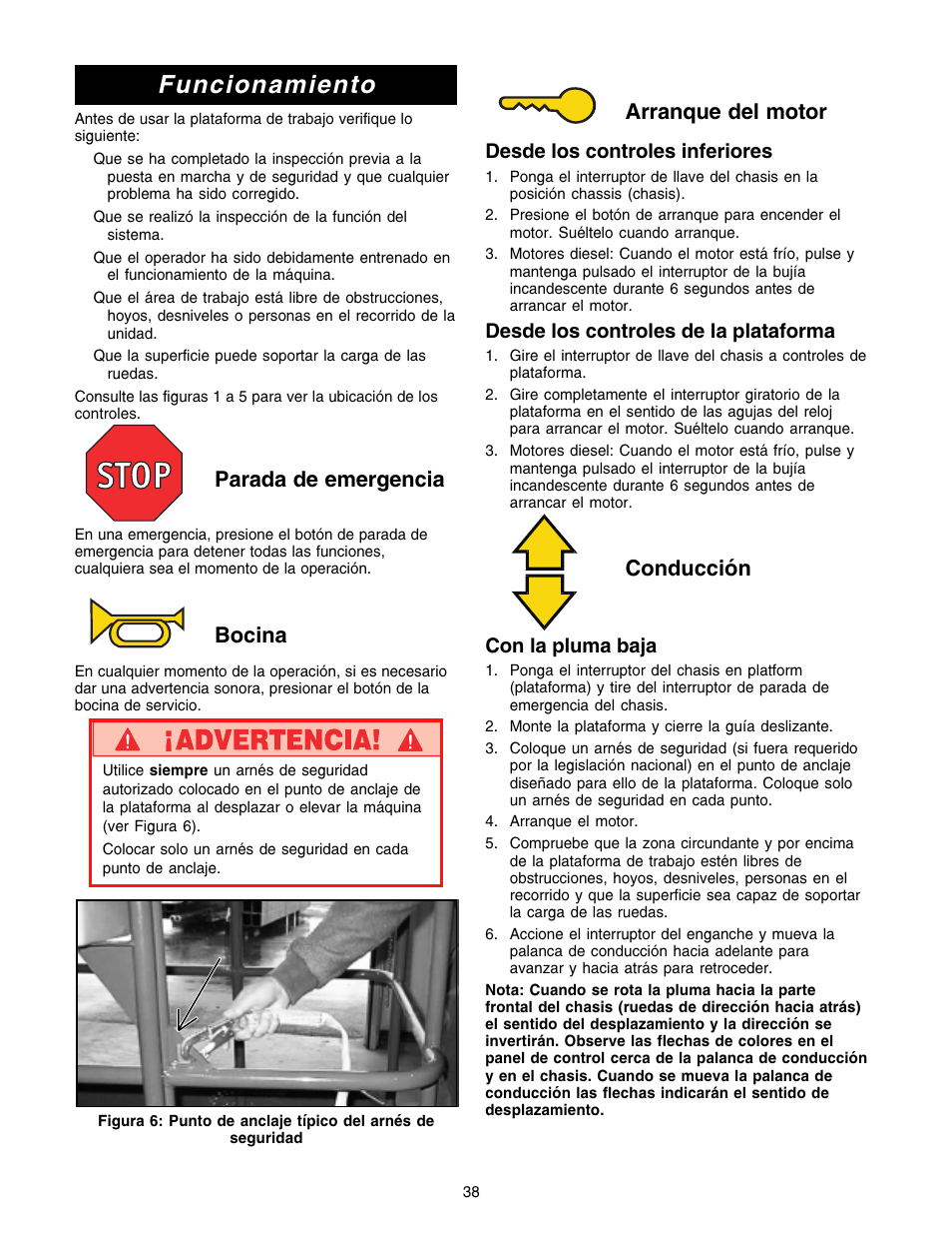 Funcionamiento, Parada de emergencia, Bocina | Arranque del motor, Conducción, Desde los controles inferiores, Desde los controles de la plataforma, Con la pluma baja | Snorkel SB80 User Manual | Page 38 / 50