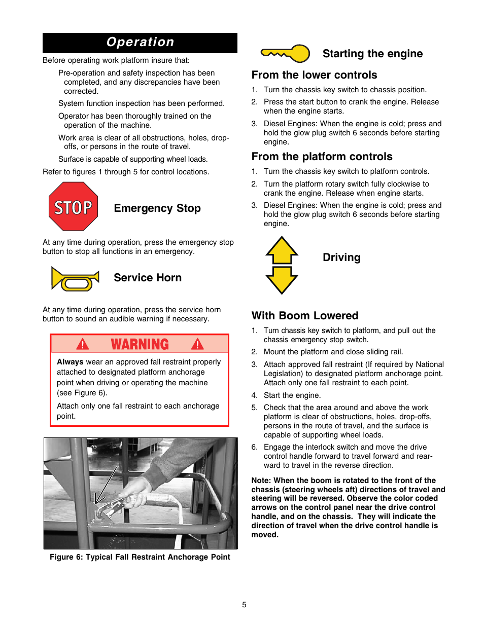 Operation, Starting the engine from the lower controls, Driving with boom lowered | Emergency stop, Service horn | Snorkel SB80 User Manual | Page 5 / 50