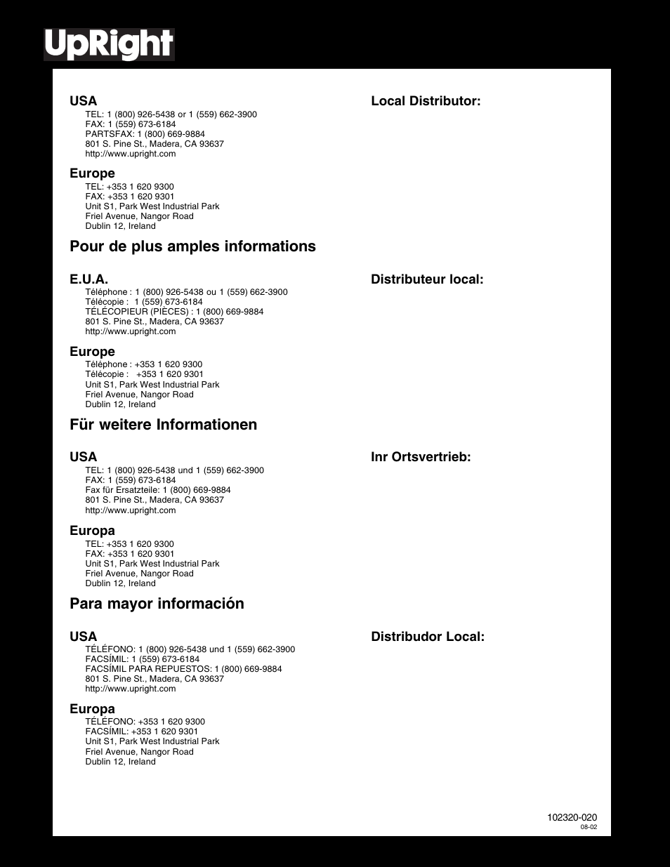 Pour de plus amples informations, Für weitere informationen, Para mayor información | Usa local distributor, Europe, E.u.a. distributeur local, Usa inr ortsvertrieb, Europa, Usa distribudor local | Snorkel SB80 User Manual | Page 50 / 50