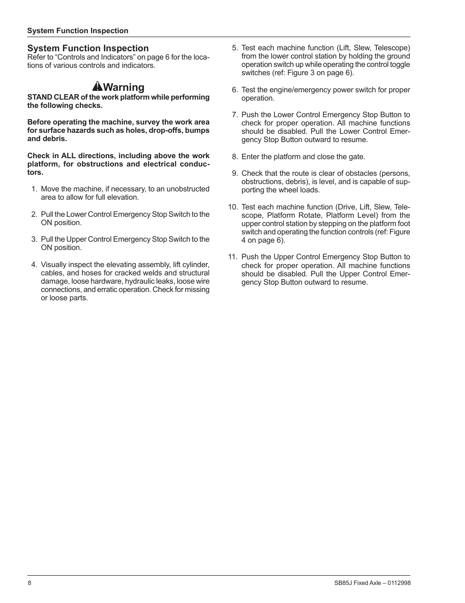 System function inspection, Warning | Snorkel SB85J-sn10000+ User Manual | Page 10 / 26