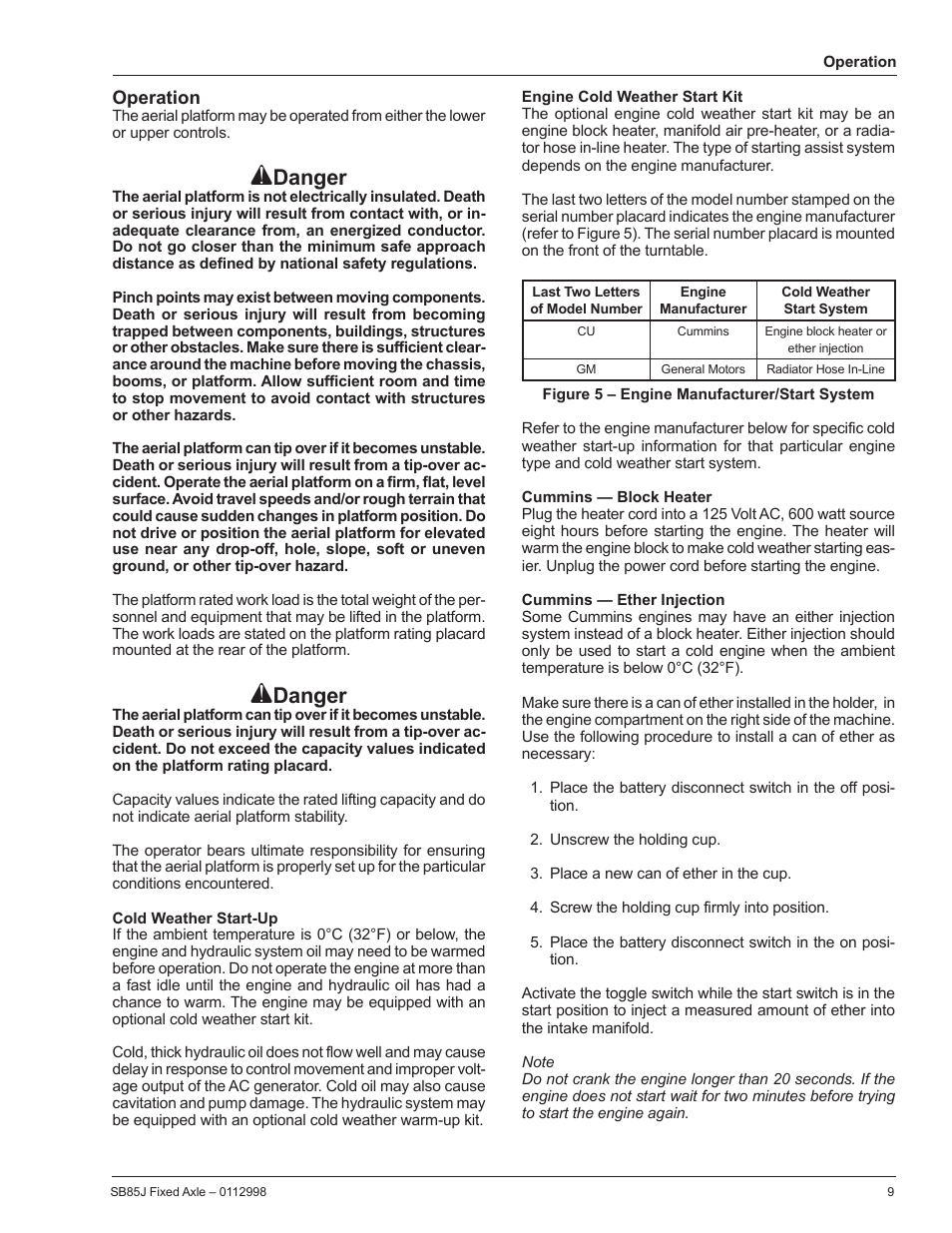 Operation, Cold weather start-up, Engine cold weather start kit | Danger | Snorkel SB85J-sn10000+ User Manual | Page 11 / 26