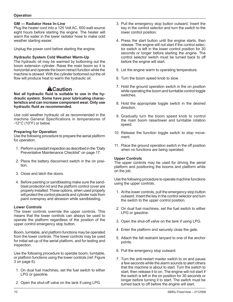 Hydraulic system cold weather warm-up, Preparing for operation, Lower controls | Upper controls, Caution | Snorkel SB85J-sn10000+ User Manual | Page 12 / 26