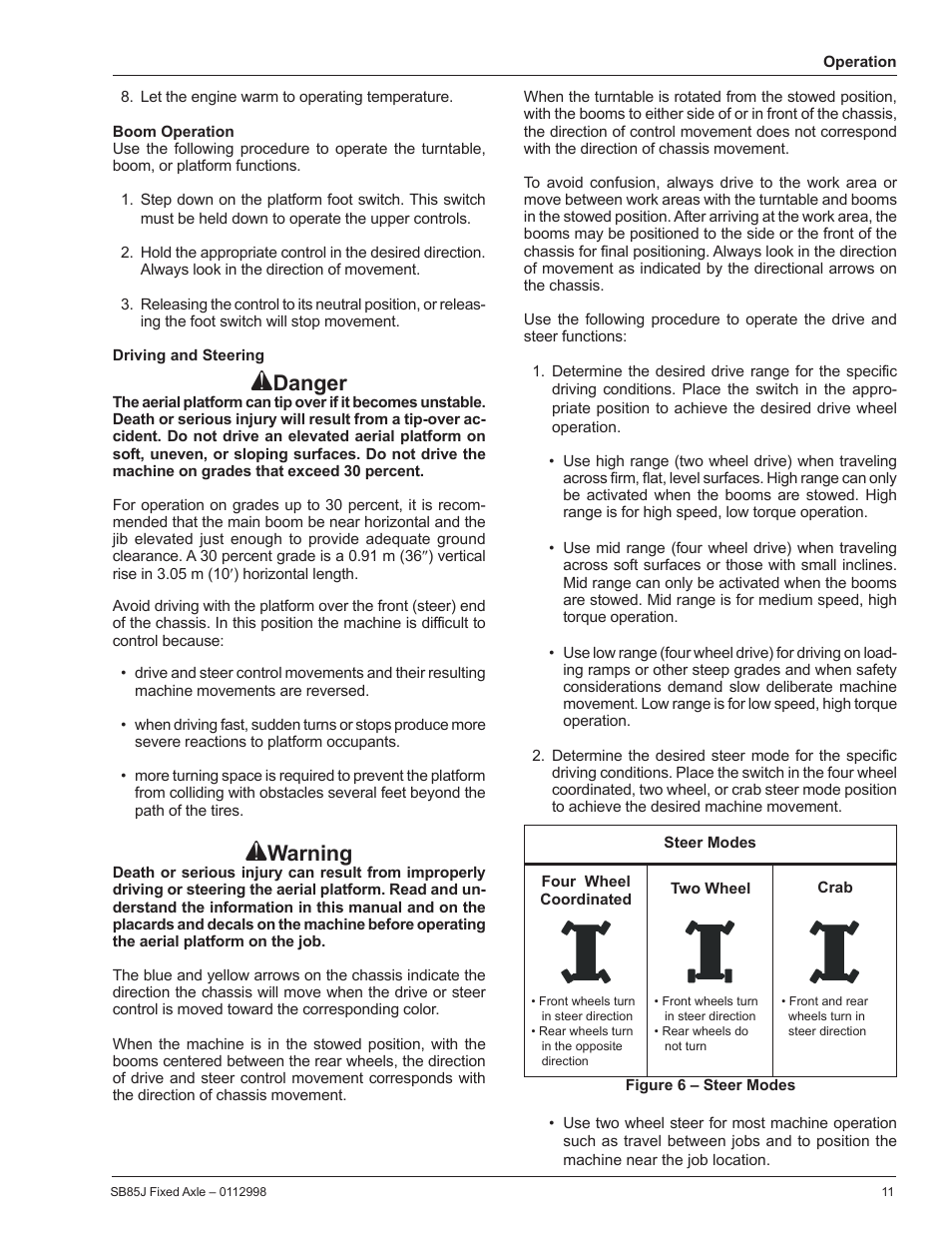 Boom operation, Driving and steering, Danger | Warning | Snorkel SB85J-sn10000+ User Manual | Page 13 / 26