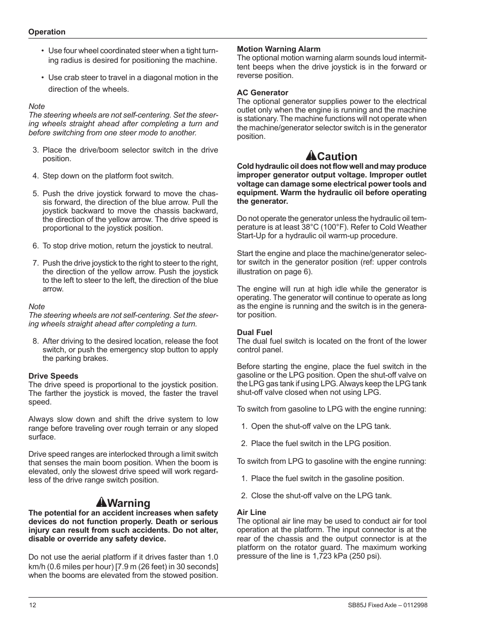Drive speeds, Motion warning alarm, Ac generator | Dual fuel, Air line, Warning, Caution | Snorkel SB85J-sn10000+ User Manual | Page 14 / 26