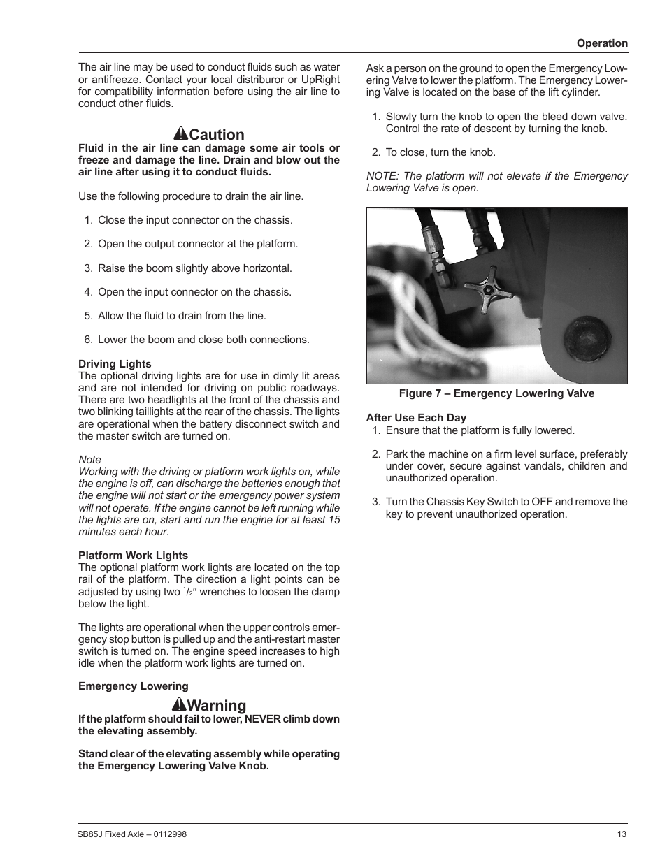 Driving lights, Platform work lights, Emergency lowering | After use each day, Caution, Warning | Snorkel SB85J-sn10000+ User Manual | Page 15 / 26