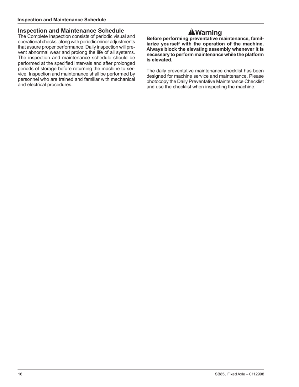 Inspection and maintenance schedule, Warning | Snorkel SB85J-sn10000+ User Manual | Page 18 / 26