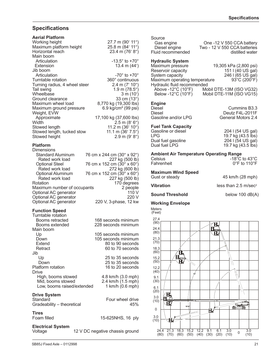 Specifications, Aerial platform, Platform | Function speed, Drive system, Tires, Electrical system, Hydraulic system, Engine, Fuel tank capacity | Snorkel SB85J-sn10000+ User Manual | Page 23 / 26