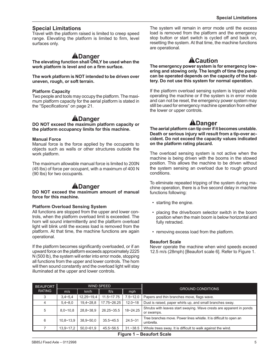 Special limitations, Platform capacity, Manual force | Platform overload sensing system, Danger, Caution | Snorkel SB85J-sn10000+ User Manual | Page 7 / 26