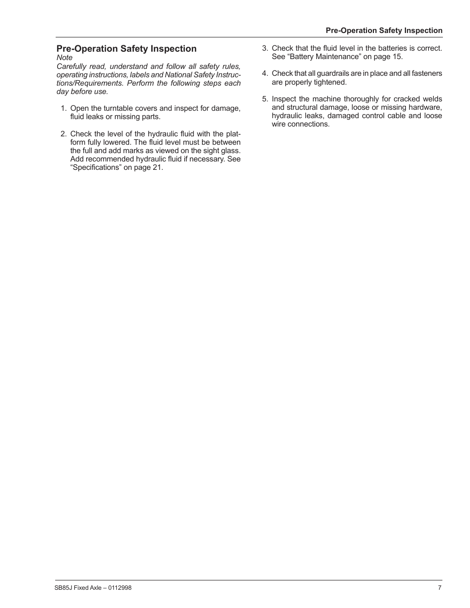 Pre-operation safety inspection | Snorkel SB85J-sn10000+ User Manual | Page 9 / 26