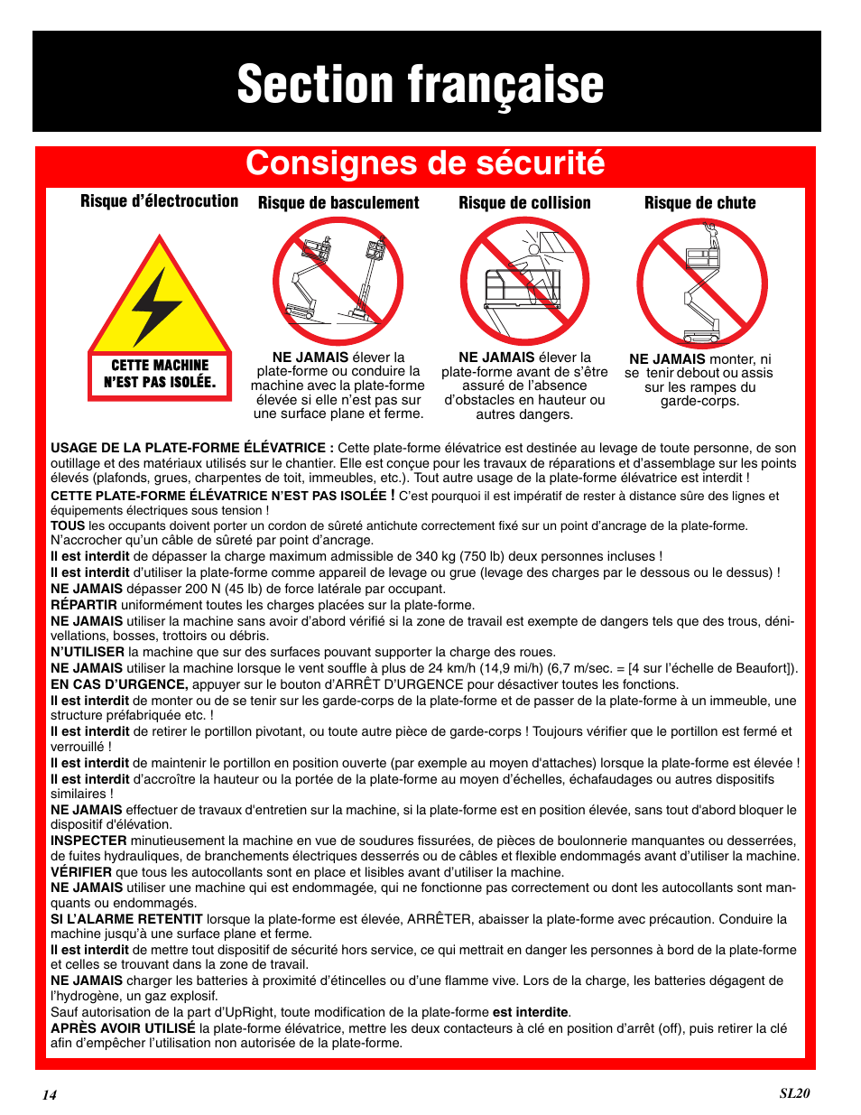 Consignes de sécurité | Snorkel SL20-sn9300+ User Manual | Page 14 / 56