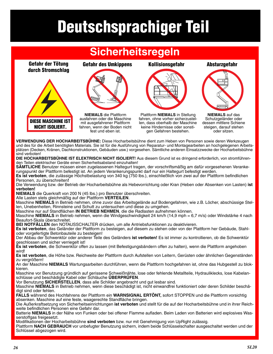 Deutschsprachiger teil, Sicherheitsregeln | Snorkel SL20-sn9300+ User Manual | Page 26 / 56