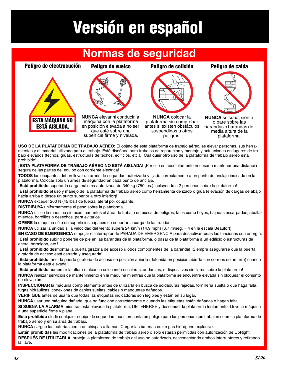 Versión en español, Normas de seguridad | Snorkel SL20-sn9300+ User Manual | Page 38 / 56