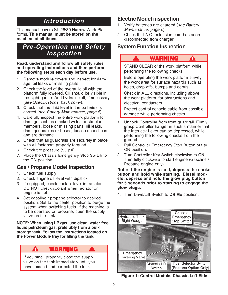 Introduction, Pre-operation and safety inspection, Electric model inspection | System function inspection, Gas / propane model inspection | Snorkel SL30N-sn13300+ User Manual | Page 2 / 12
