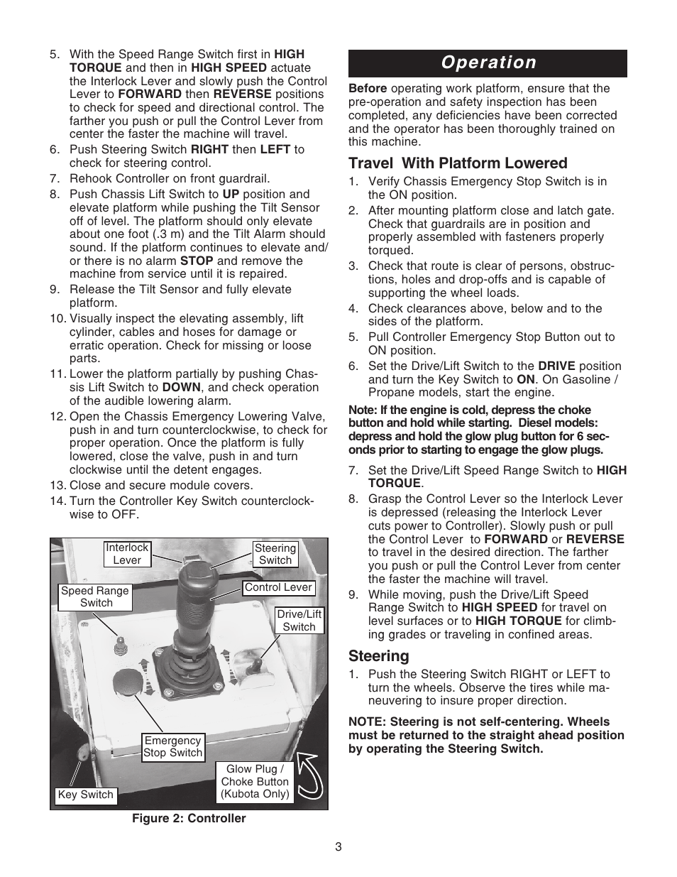 Operation, Travel with platform lowered, Steering | Snorkel SL30N-sn13300+ User Manual | Page 3 / 12