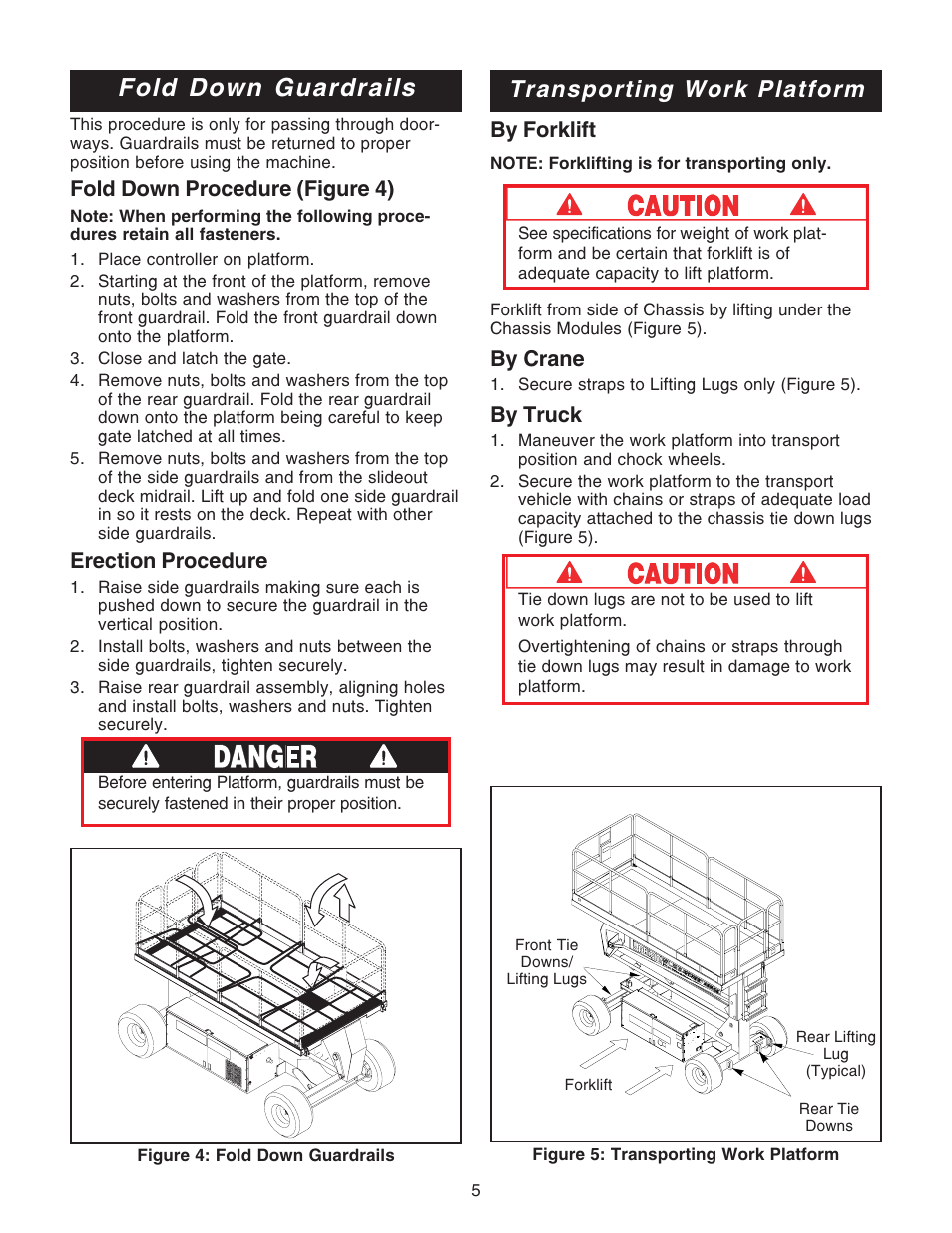 Fold down guardrails, Transporting work platform, By forklift | By crane, By truck, Fold down procedure (figure 4), Erection procedure | Snorkel SL30N-sn13300+ User Manual | Page 5 / 12