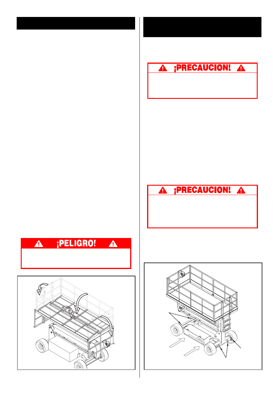 Transporte de la plataforma de trabajo, Barandillas plegables, Por montacarga | Por grúa, Por camión, Procedimiento para plegarlas (figura 4), Procedimiento de erección | Snorkel SL30N-sn9600-11199CE User Manual | Page 30 / 36
