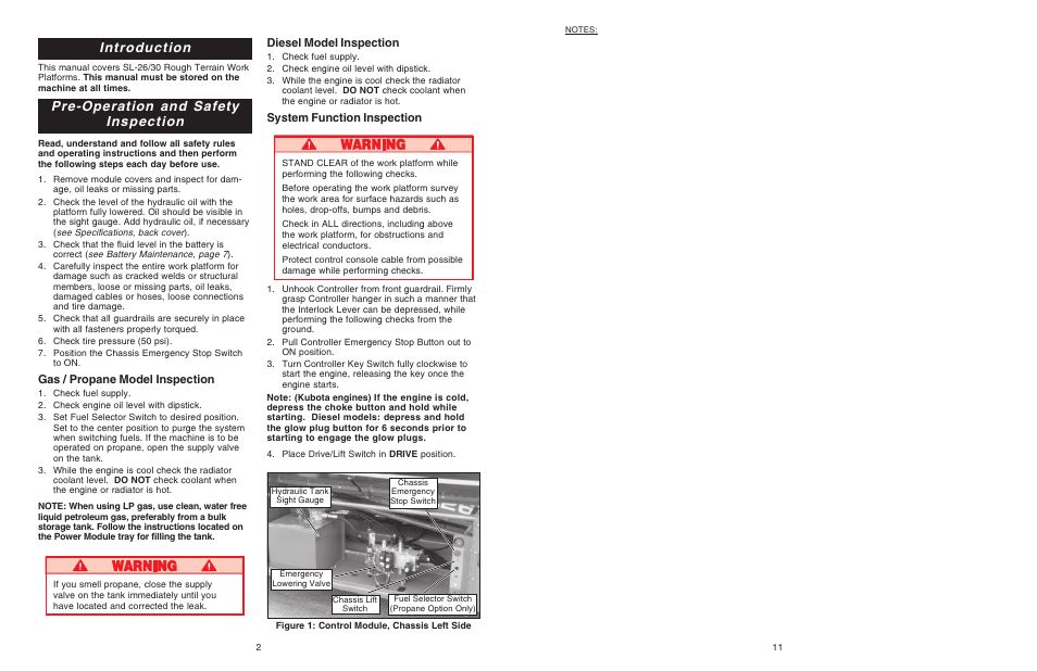 Introduction, Pre-operation and safety inspection, Diesel model inspection | System function inspection, Gas / propane model inspection | Snorkel SL30RT-sn13300+ User Manual | Page 2 / 6