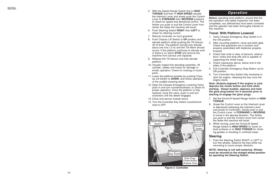 Operation, Travel with platform lowered, Steering | Snorkel SL30RT-sn13300+ User Manual | Page 3 / 6