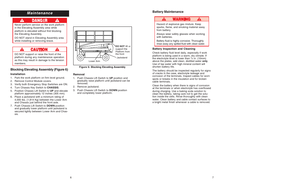 Maintenance, Blocking elevating assembly (figure 6), Battery maintenance | Snorkel SL30RT-sn13300+ User Manual | Page 6 / 6
