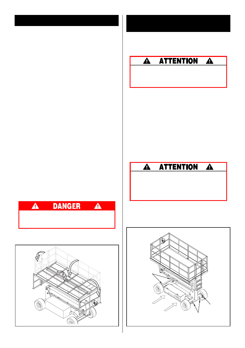 Garde-corps pliables, Transport de la plate-forme de travail, Procédure de pliage (figure 4) | Procédure de mise en place, Avec un chariot élévateur, Avec une grue, Avec un camion | Snorkel SL30RT-sn9600-11199 User Manual | Page 15 / 36