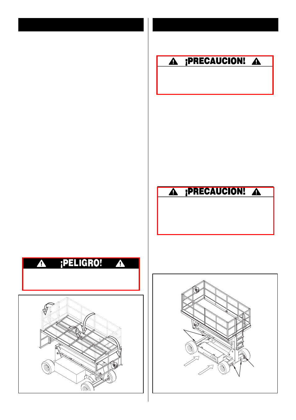 Barandillas plegables, Transporte de la plataforma de trabajo, Procedimiento para plegarlas (figura 4) | Procedimiento de erección, Por montacarga, Por grúa, Por camión | Snorkel SL30RT-sn9600-11199 User Manual | Page 31 / 36