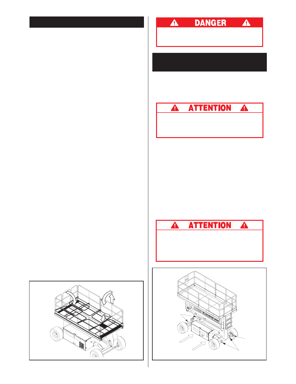 Garde-corps pliables, Transport de la plate-forme de travail, Procédure de pliage (figure 4) | Procédure de mise en place, Avec un chariot élévateur, Avec une grue, Avec un camion | Snorkel SL30SL-sn11200-13771 User Manual | Page 14 / 36