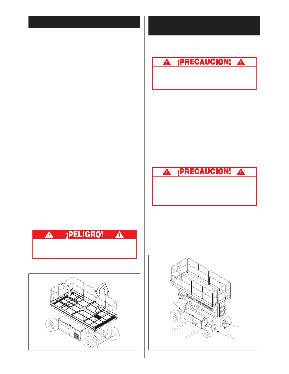 Barandillas plegables, Transporte de la plataforma de trabajo, Procedimiento para plegarlas (figura 4) | Procedimiento de erección, Por montacarga, Por grúa, Por camión | Snorkel SL30SL-sn11200-13771 User Manual | Page 30 / 36