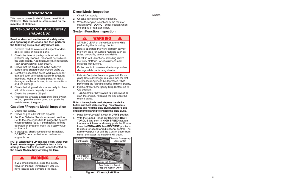 Introduction, Pre-operation and safety inspection, Diesel model inspection | System function inspection, Gasoline / propane model inspection | Snorkel SL30SL-sn13300-49999 User Manual | Page 2 / 6
