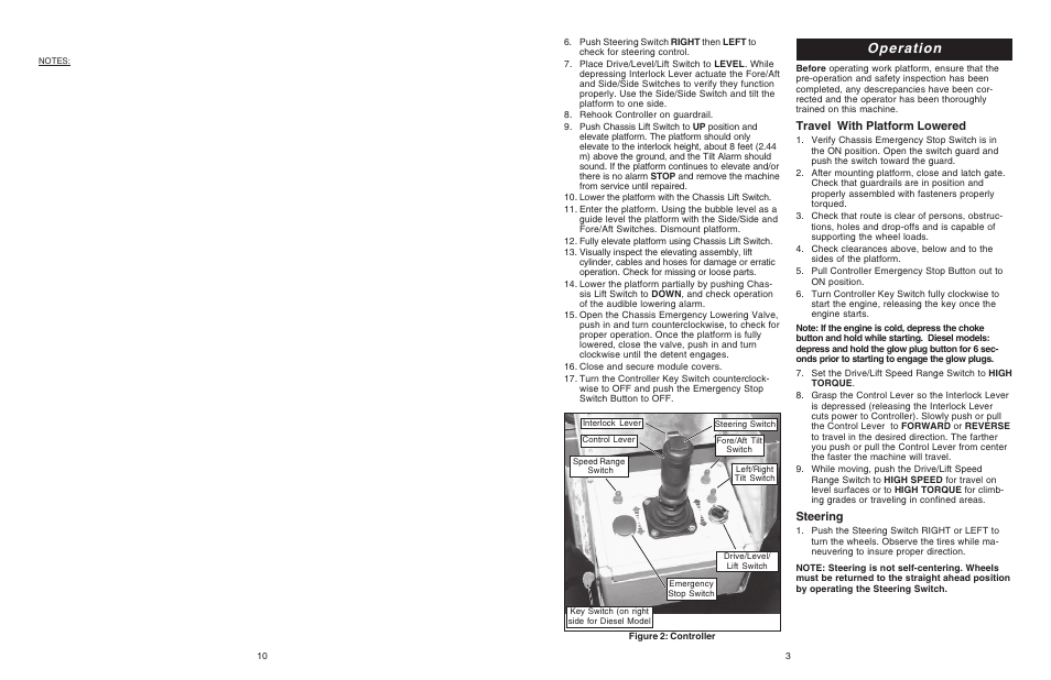 Operation, Travel with platform lowered, Steering | Snorkel SL30SL-sn13300-49999 User Manual | Page 3 / 6