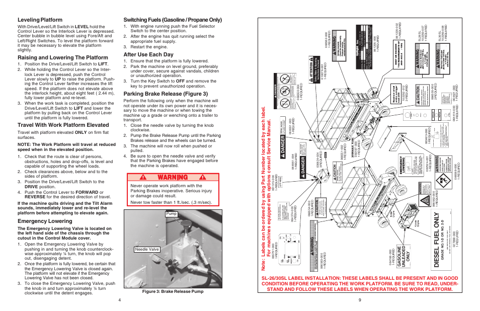 Leveling platform, Raising and lowering the platform, Travel with work platform elevated | Emergency lowering, Switching fuels (gasoline / propane only), After use each day, Parking brake release (figure 3) | Snorkel SL30SL-sn13300-49999 User Manual | Page 4 / 6