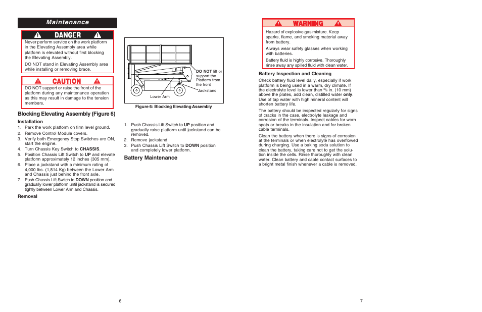 Maintenance, Blocking elevating assembly (figure 6), Battery maintenance | Snorkel SL30SL-sn13300-49999 User Manual | Page 6 / 6
