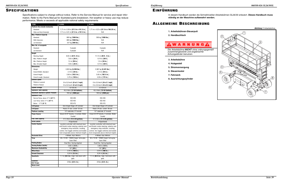 Pecifications, Inführung, Llgemeine | Eschreibung | Snorkel SL30SL-sn13772-49999 User Manual | Page 20 / 30